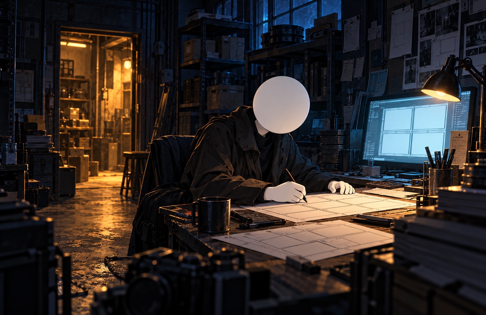夜の制作室で机に向かう、白い丸い頭の主人公。